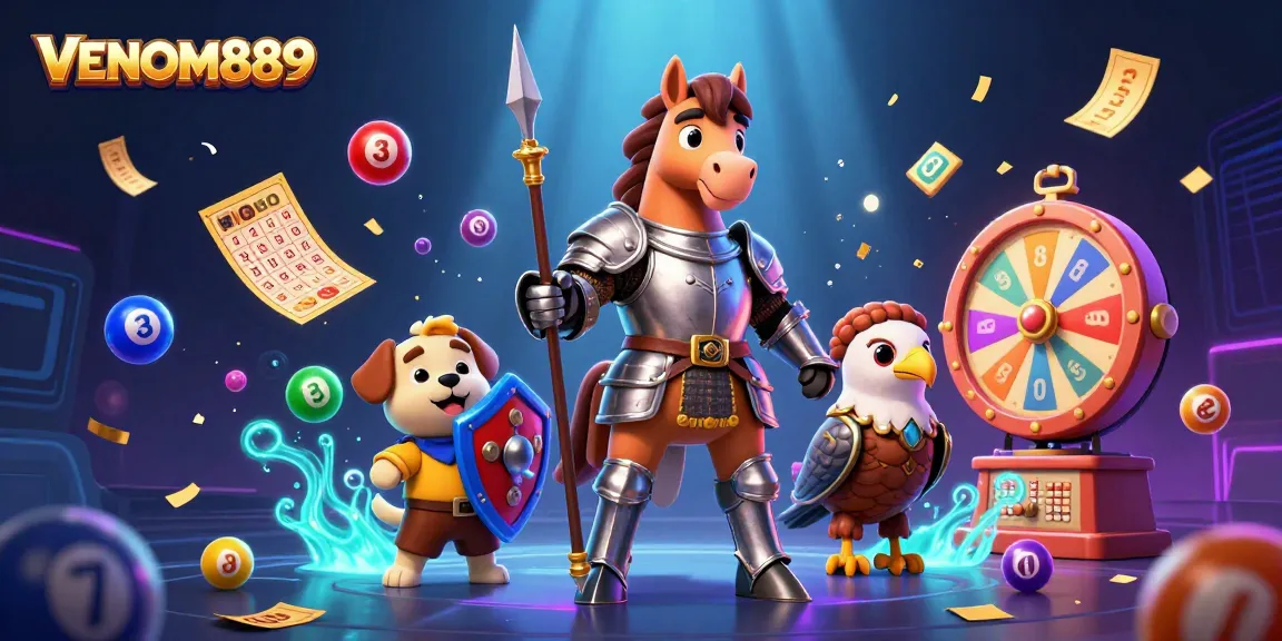 Experience an exciting adventure with VENOM889 as a knight, squire, and falcon amidst colorful gaming elements.