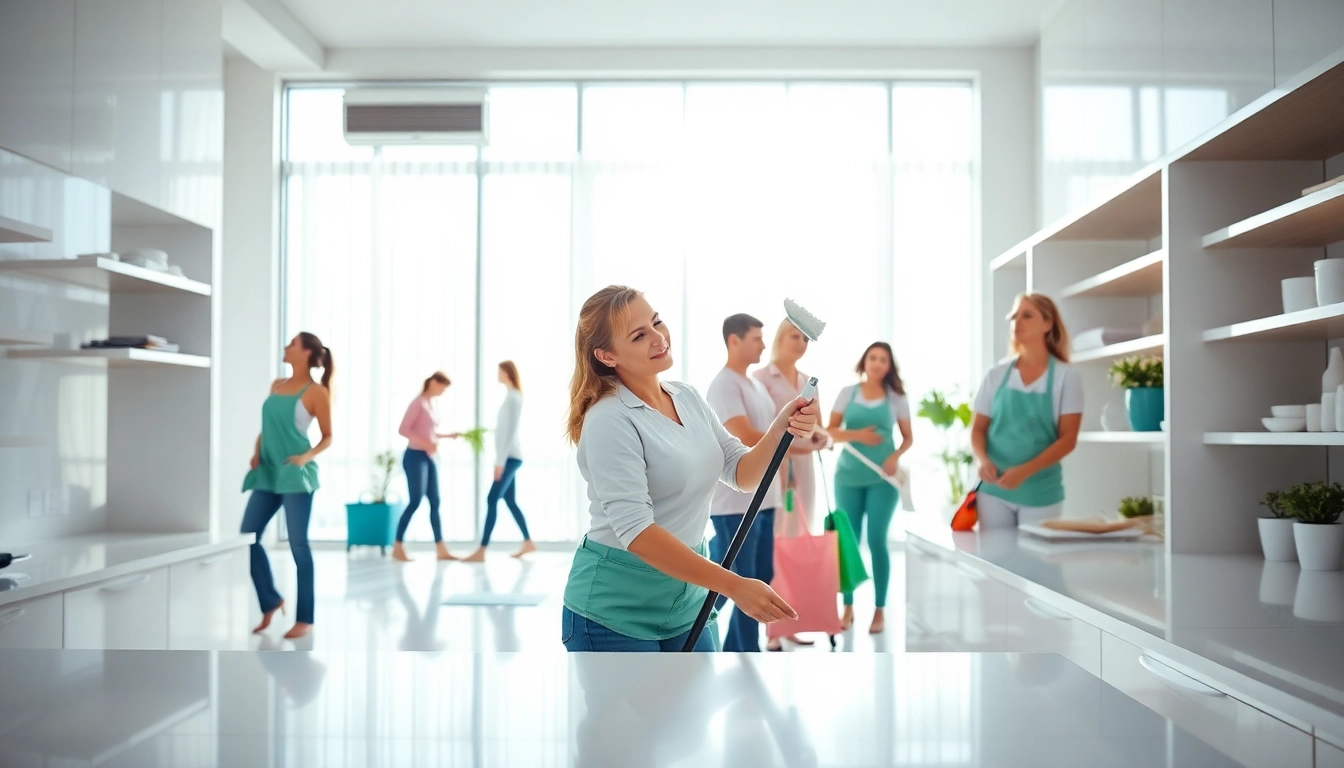 Cleaning Service team efficiently tidying a bright home, showcasing sparkling surfaces and professional teamwork.