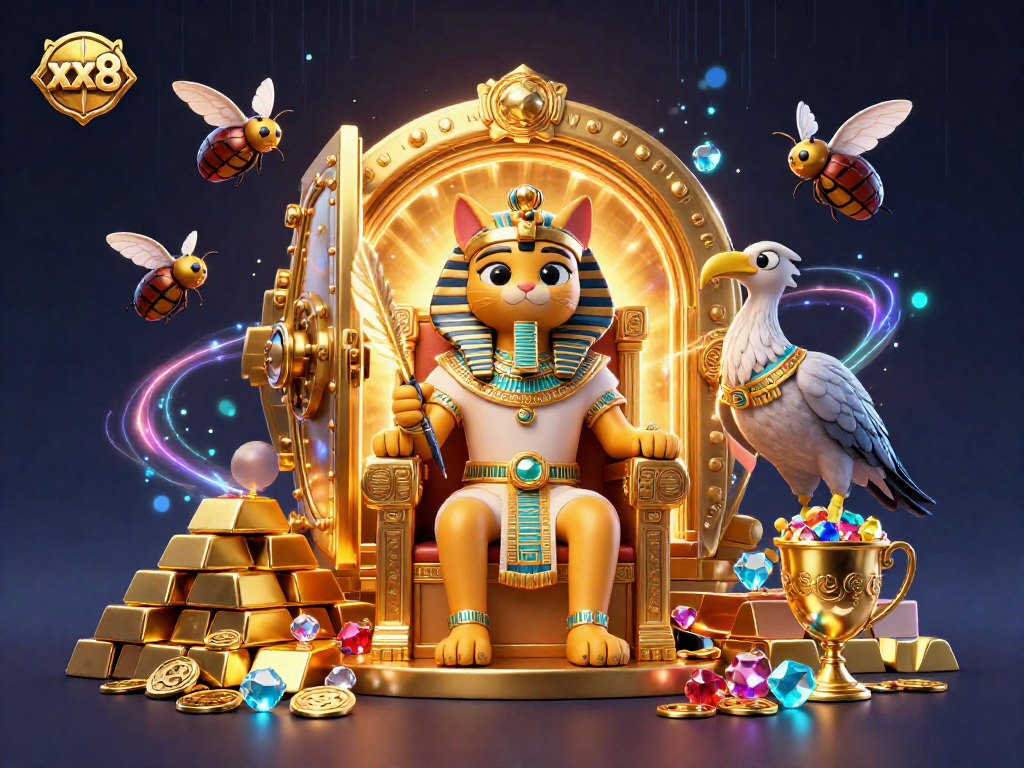 Experience xx8 with a captivating scene of a pharaoh cat surrounded by treasures and gaming elements.