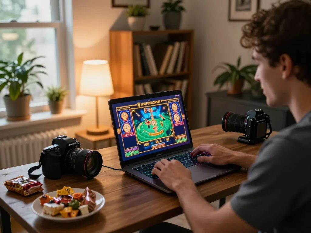 Engaging with powernet slot game on laptop in a cozy home setup.