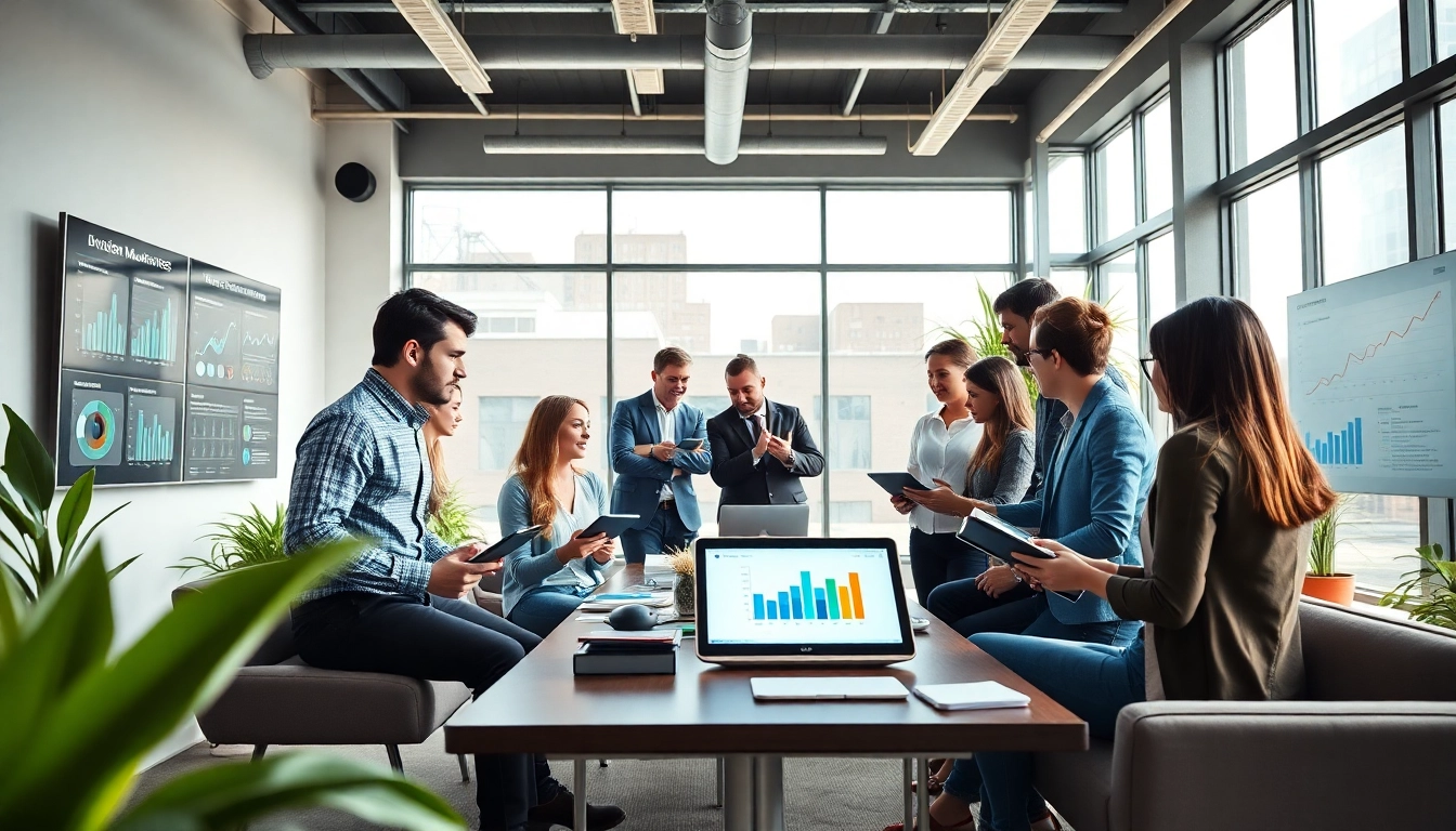 Team collaborating on Digital Marketing Staffing strategies in a bright office.