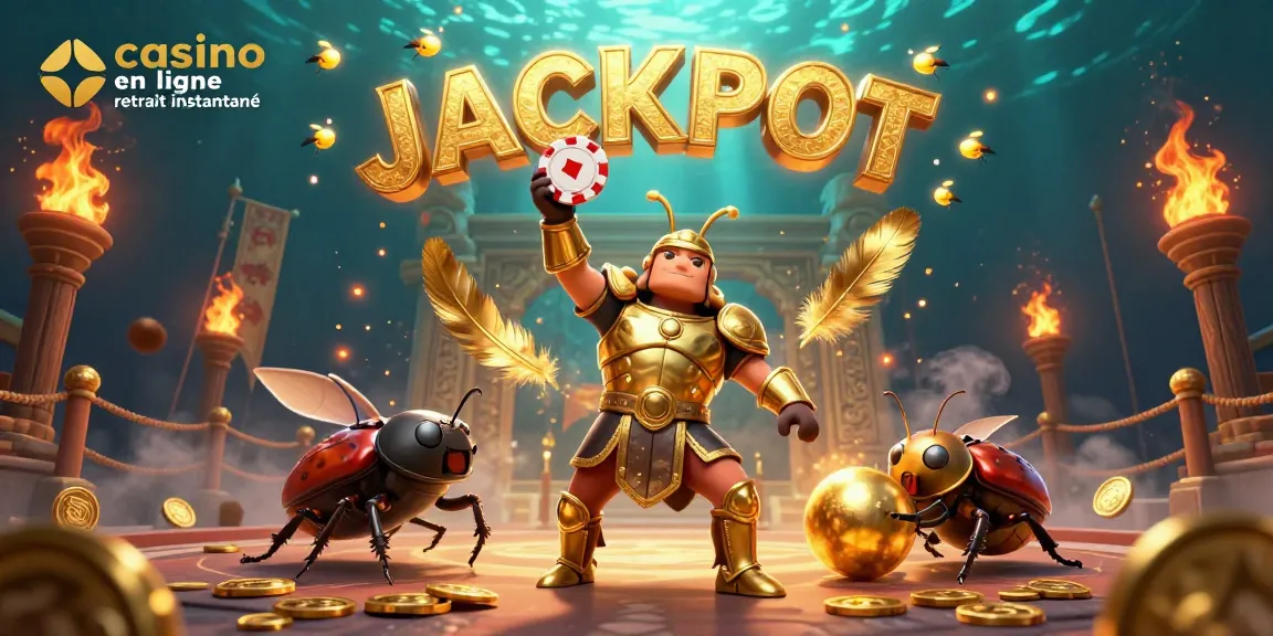 Jouez au casino en ligne retrait instantané avec une scène dynamique de personnages et de pièces dorées.