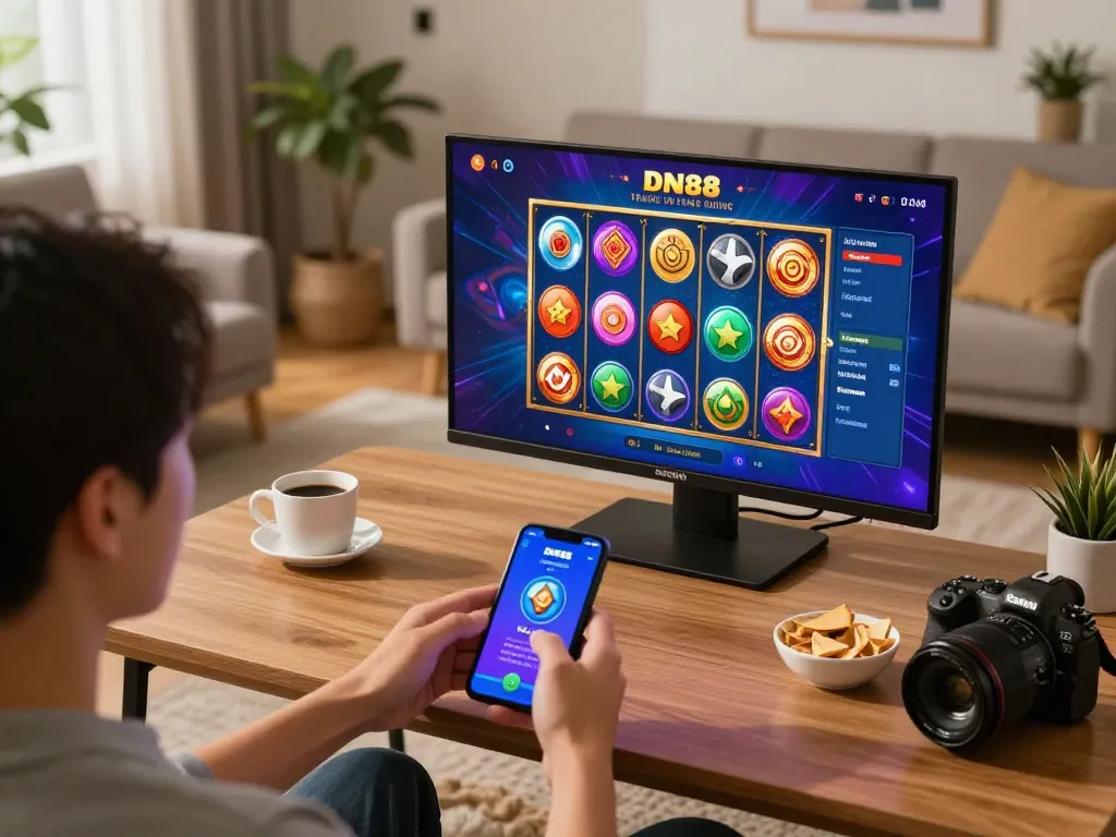 Engaging with DN88 trang chủ on mobile, showing colorful slots on screen in a stylish home.