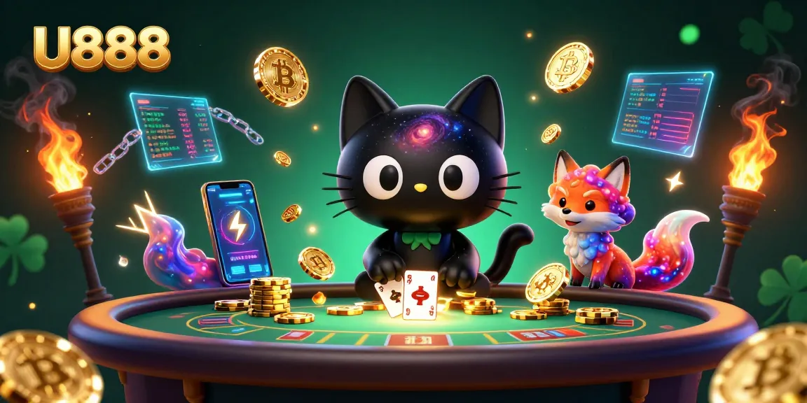 Experience U888 thrill with cosmic casino charm featuring a black hole cat and nebula fox.