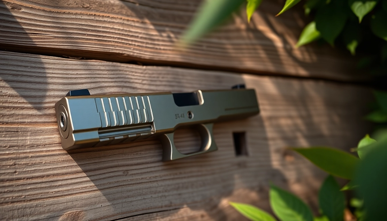 Glock 19 Gen 5 slide displayed highlighting its detailed craftsmanship and sleek design.