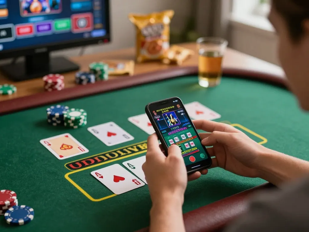 Engaging in nohu online gaming with smartphone and colorful cards displayed, creating exciting gambling atmosphere.