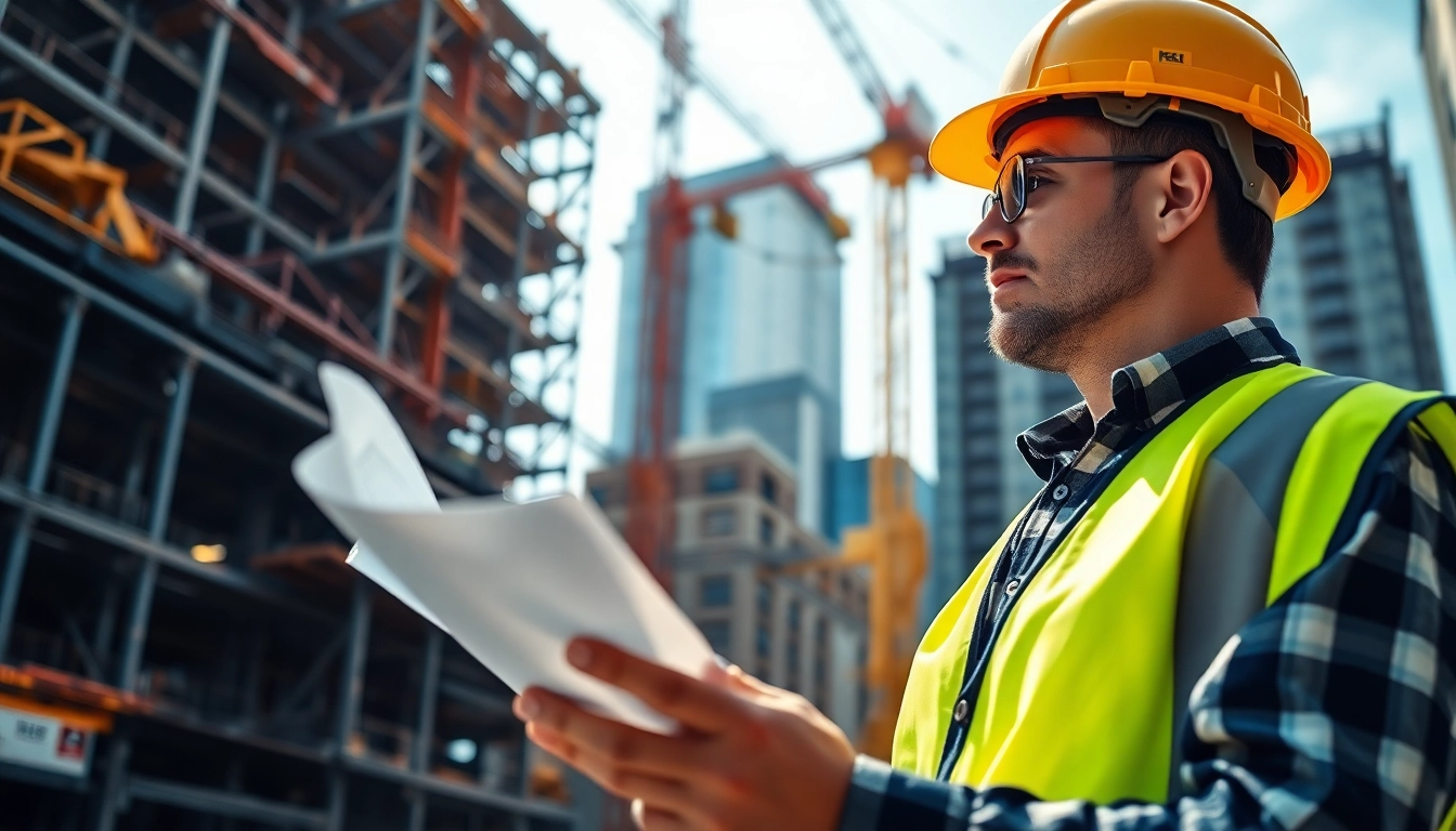 New York Construction Manager analyzing project plans at an active construction site.