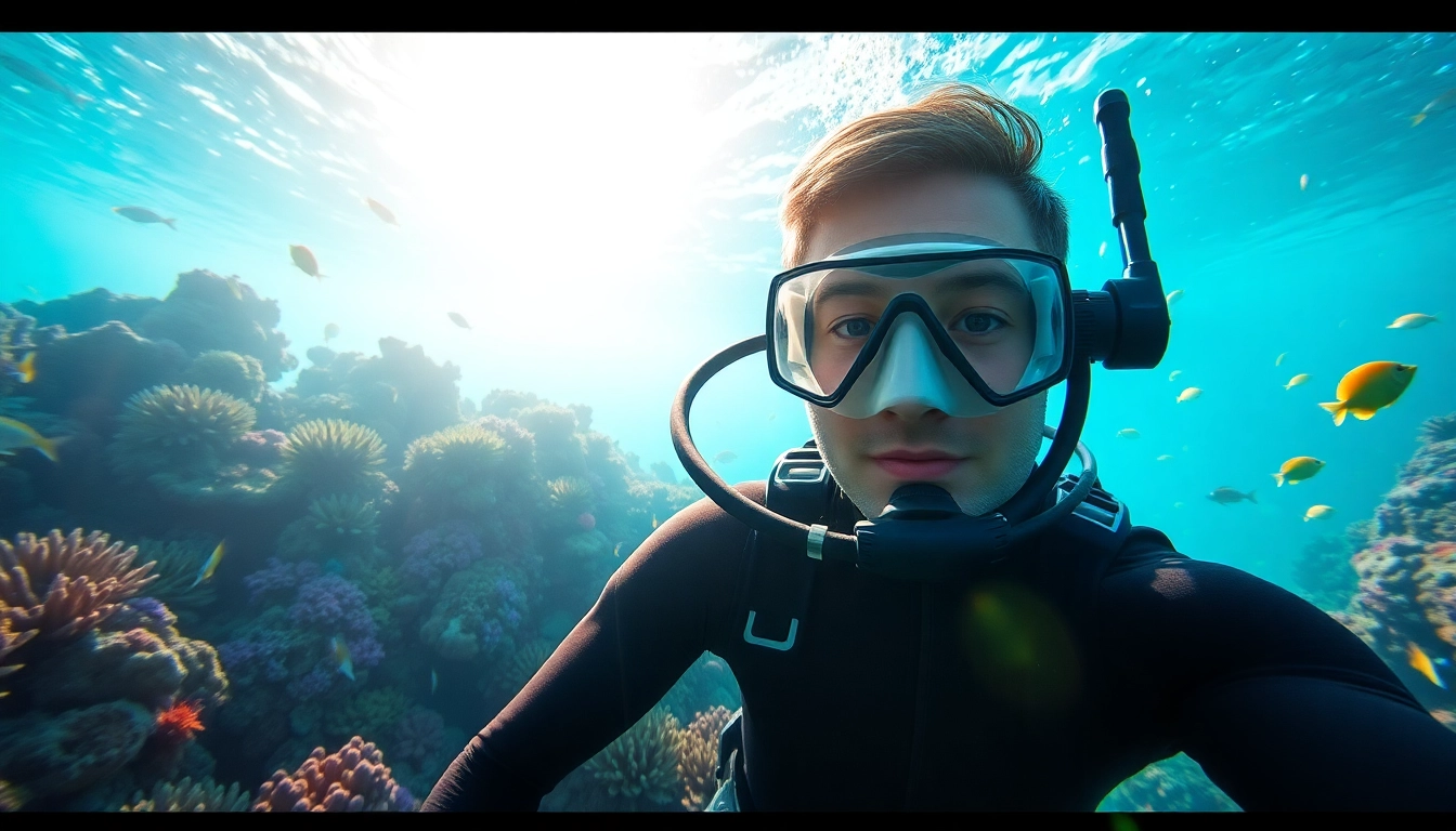 Tauchen im leuchtenden Wasser umgeben von bunten Korallen und tropischen Fischen.