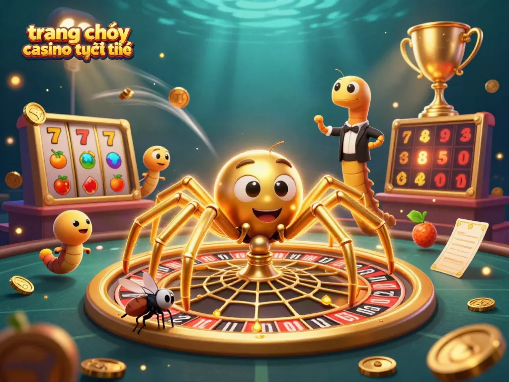 Trang chơi casino trực tuyến cùng nhện vàng và cỗ xe roulette sắc nét hứa hẹn những trận cược hấp dẫn.