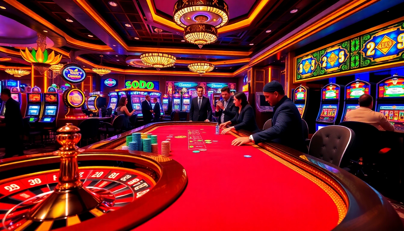 SODO CASINO poker table with players and colorful chips in an extravagant casino setting