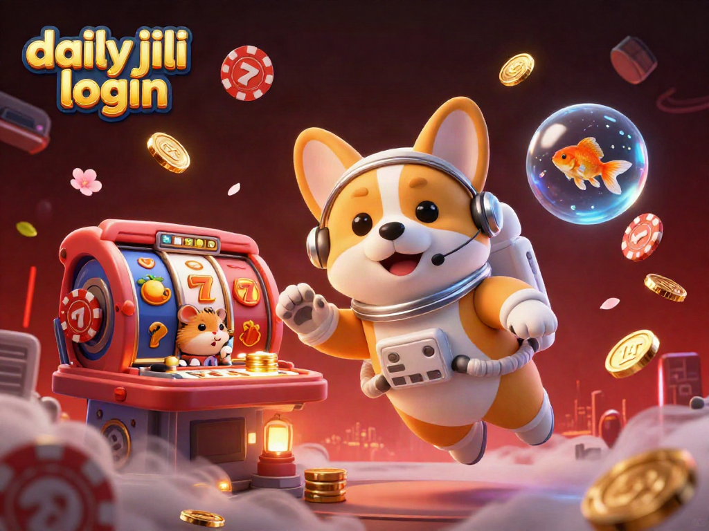 Engage in daily jili login with a vibrant 3D scene featuring a corgi in a futuristic casino setting.