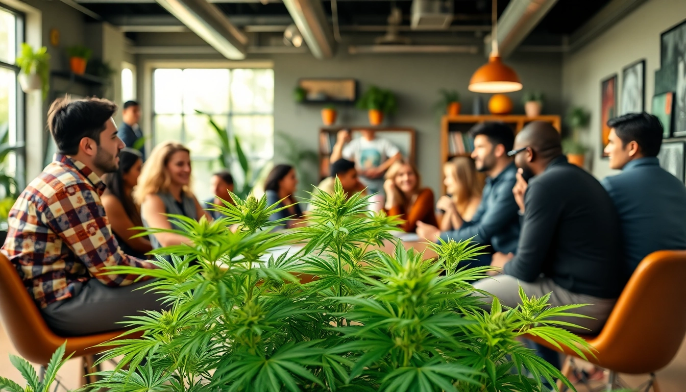 Mitglieder der bluetenbande interagieren in einem einladenden Cannabis Social Club.