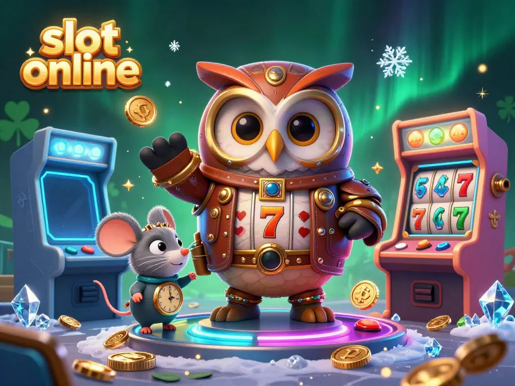 Experience thrilling slot online adventures with a cartoon owl and mouse in a vibrant casino scene.