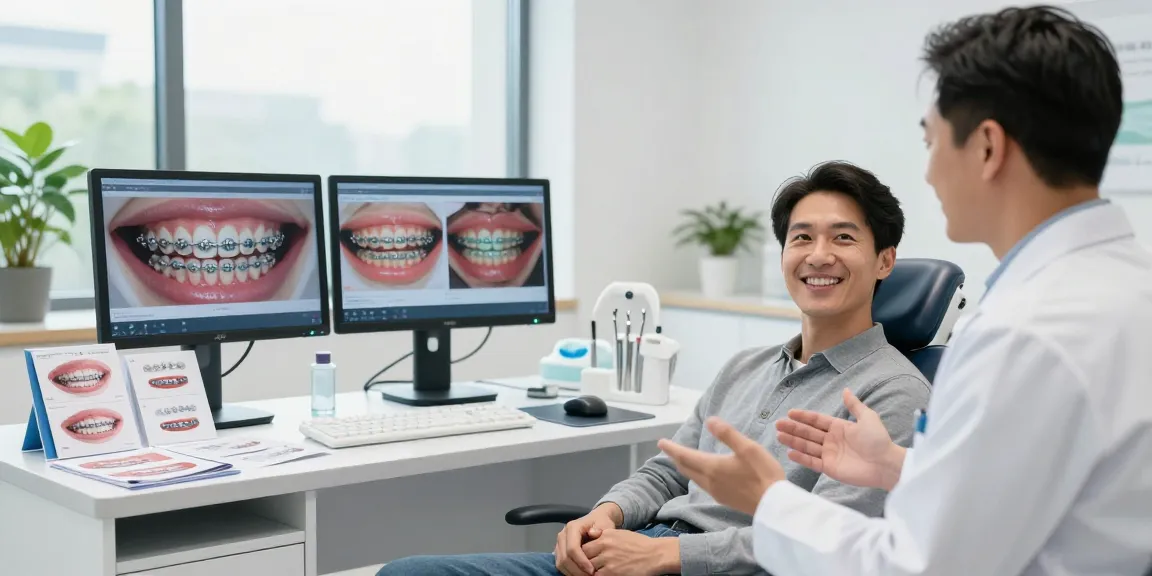 Adult patient discussing metal braces options with orthodontist in modern clinic setting