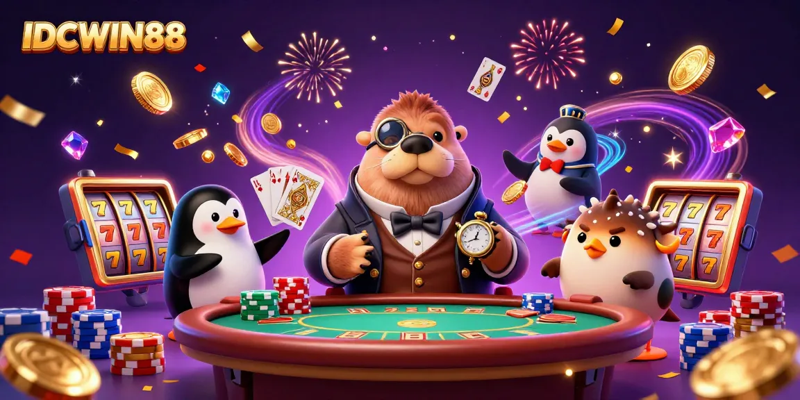 Experience thrilling gameplay at IDCWIN88 with an interactive underwater casino scene featuring a walrus and a penguin dealer.
