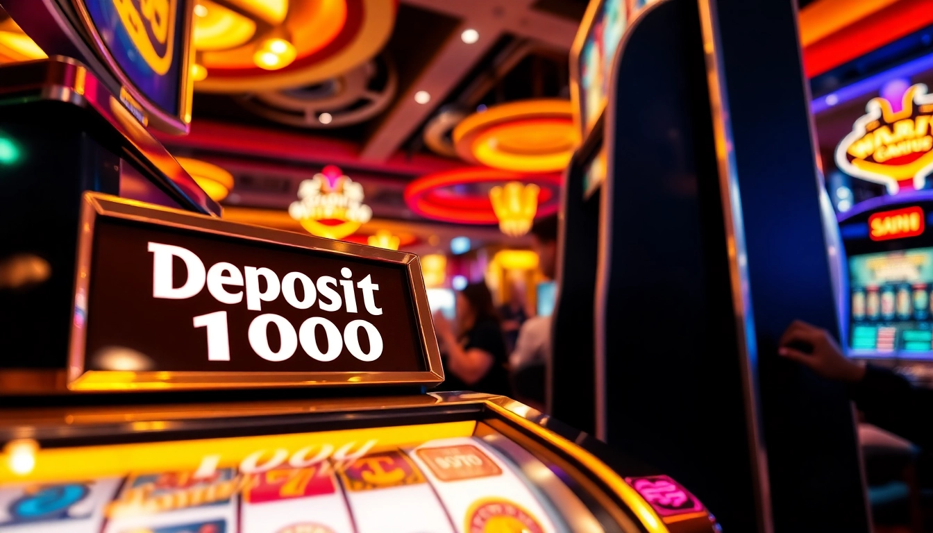 Menangkan slot deposit 1000 pada mesin slot yang bersinar dengan suasana kasino yang bersemangat.