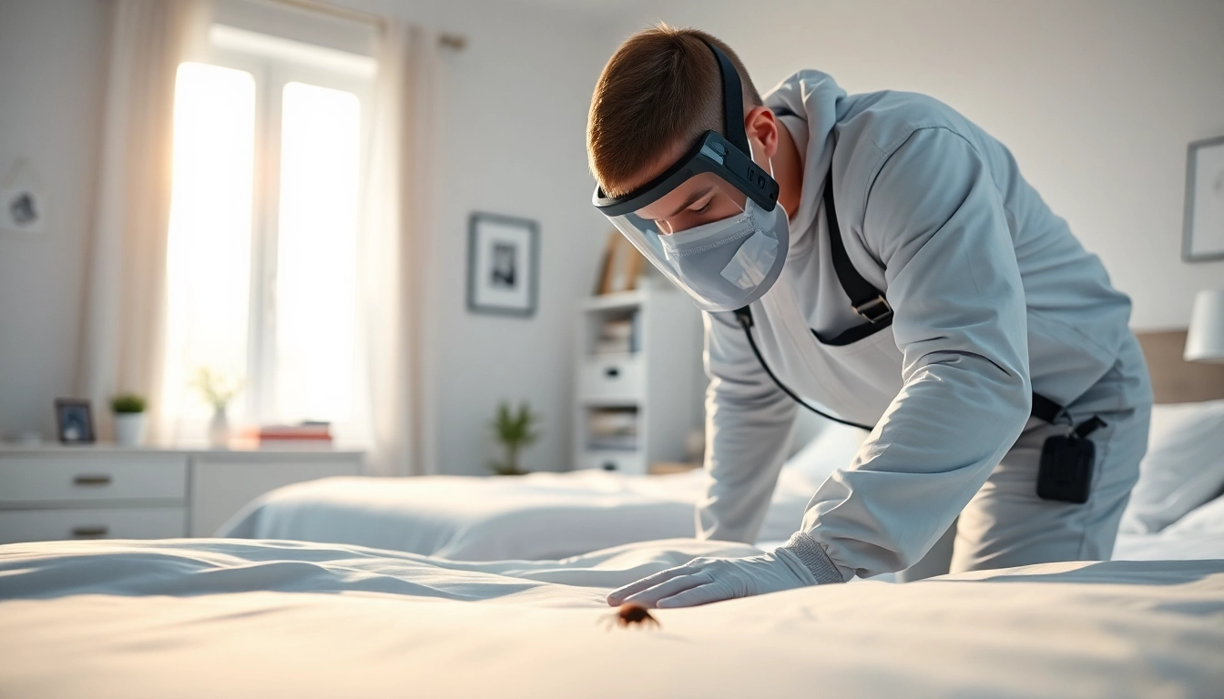 Expert bed bug exterminator waukesha inspecting a bedroom for infestation signs.