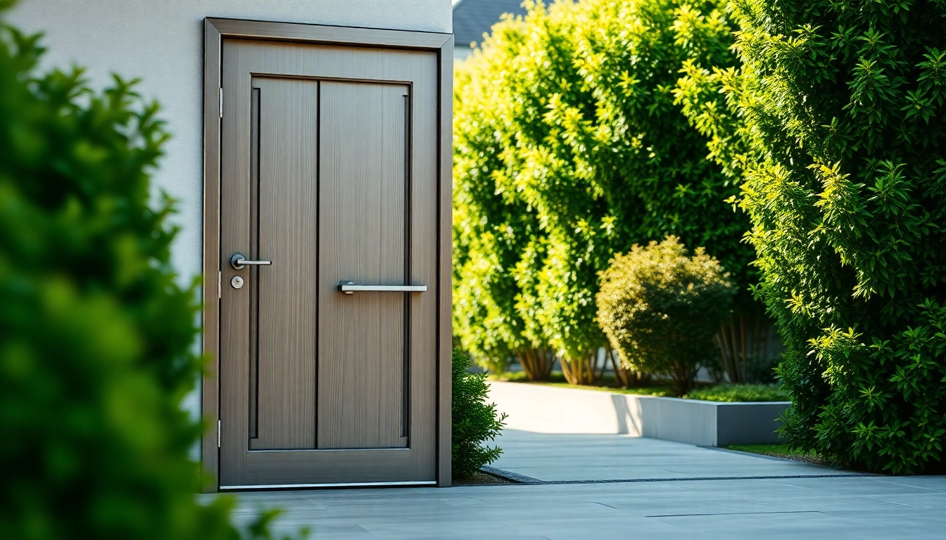 Showcase of a sophisticated exit door in a modern garden setting, emphasizing its craftsmanship.