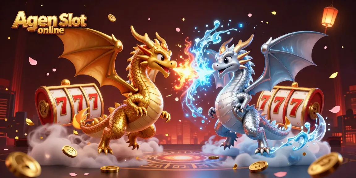Engage in thrilling action with Agen Slot online surrounded by enchanting dragons, slots, and festive elements.