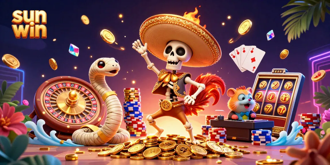 Win big with sun win in a vibrant 3D casino scene featuring animated characters and dynamic game elements.