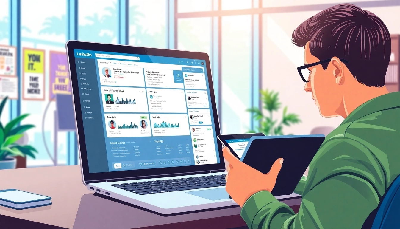 Using a linkedin scraper tool in a modern office setup showcasing dynamic data analytics.