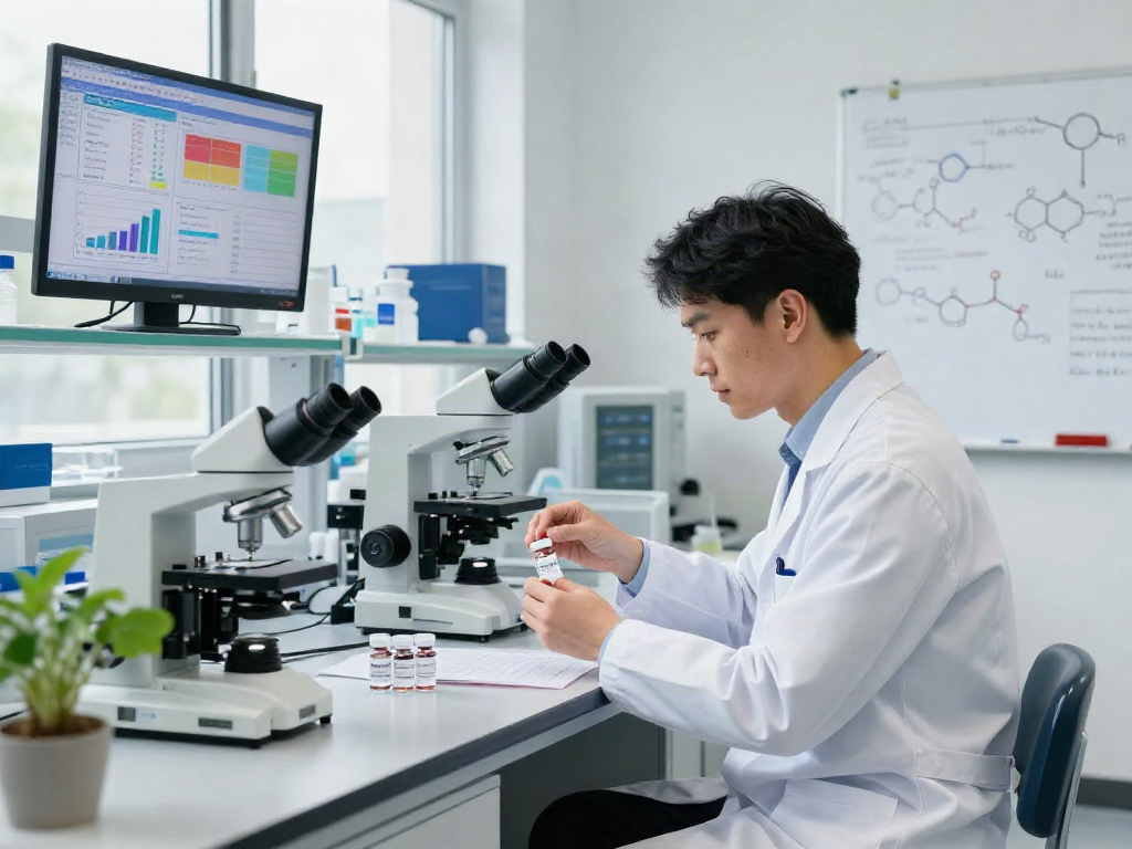 Ipamorelin research sup in a modern lab with scientists examining peptide efficacy.