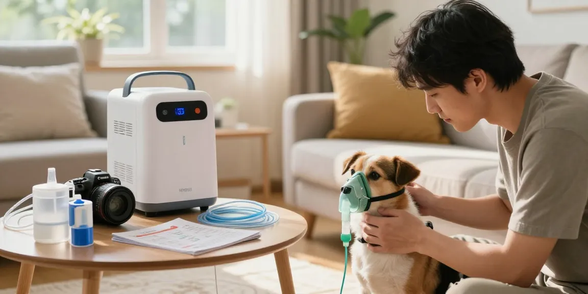 Helping your pet breathe better with the oxygen machine rental process, featuring a comfortable home setting and caring interaction.