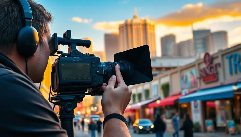 Showcasing a professional videographer engaged in commercial videography, capturing a vibrant city scene.