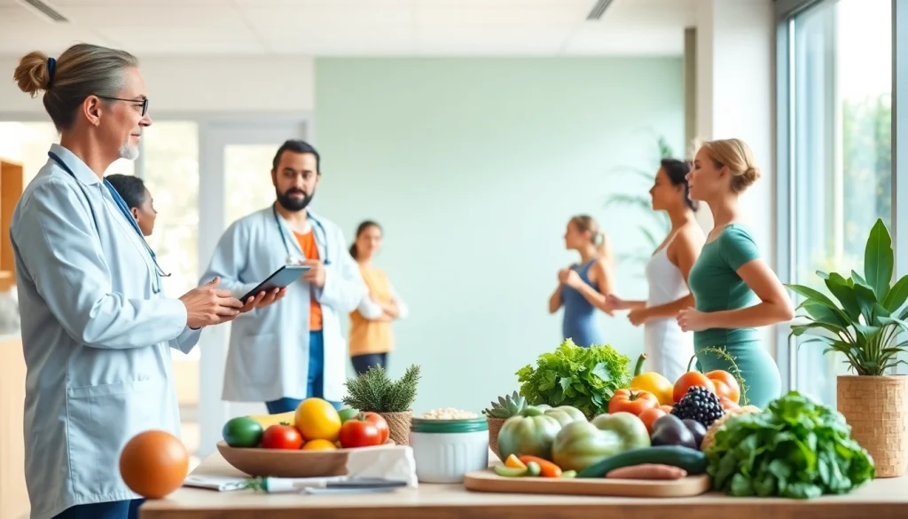 Individuals actively engaging in health-focused activities in a warm, inviting healthcare environment.