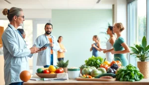 Individuals actively engaging in health-focused activities in a warm, inviting healthcare environment.