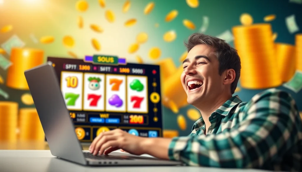 Permainan situs slot gacor dengan pemain bahagia dan simbol kemenangan.
