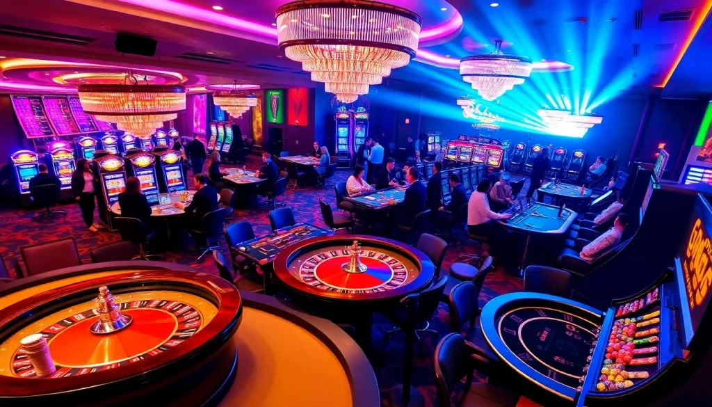 A thrilling casino scene featuring poker tables, roulette wheels, and slot machines, showcasing the excitement of KJC AC 3.