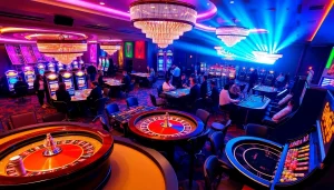 A thrilling casino scene featuring poker tables, roulette wheels, and slot machines, showcasing the excitement of KJC AC 3.