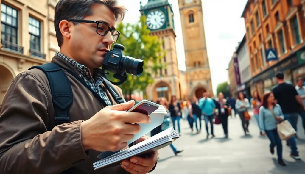 Capture local stories with https://diknews.co.uk/leicester-news/ highlighting a journalist in action at Leicester's Clock Tower.