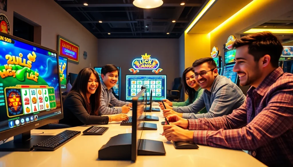 Main players enjoying pakde4d slot games in a vibrant online gambling atmosphere.