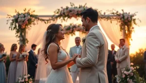 Stunning wedding photography in Tampa, FL, showcasing a couple during their sunset ceremony, surrounded by lush greenery and joy.