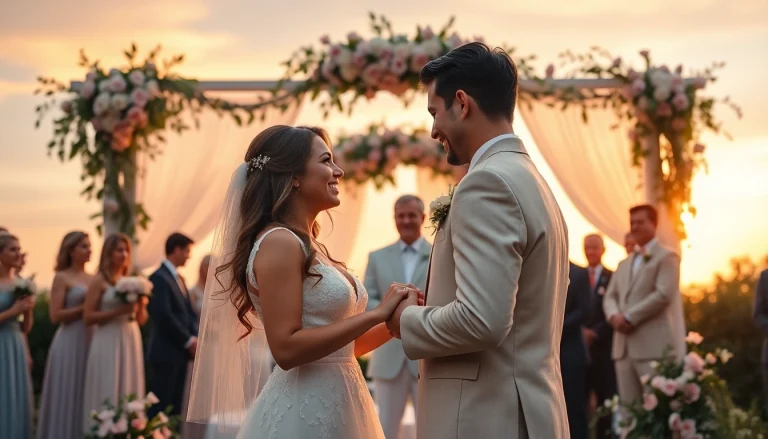 Stunning wedding photography in Tampa, FL, showcasing a couple during their sunset ceremony, surrounded by lush greenery and joy.