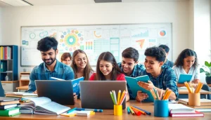 Students collaborating in a vibrant classroom, enhancing their Education experience through teamwork and advanced learning tools.