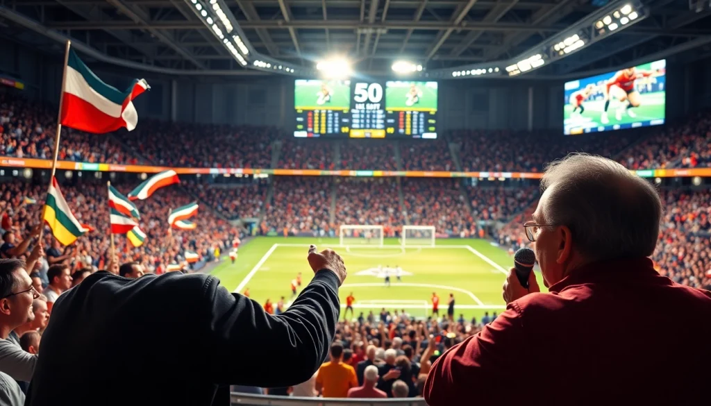 스포츠중계 중인 해설자가 관중과 경기의 열기를 전달하는 모습