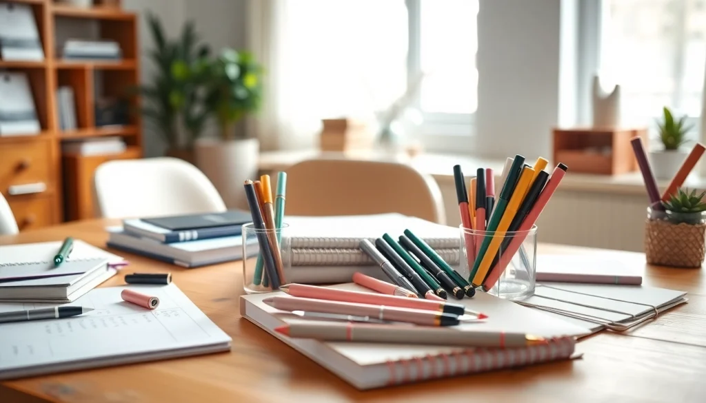 Explore beautifully organized stationery uk items on a wooden desk in a bright workspace