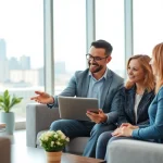 Engaging discussion about Real Estate between an agent and potential buyers in a modern office.