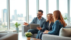 Engaging discussion about Real Estate between an agent and potential buyers in a modern office.