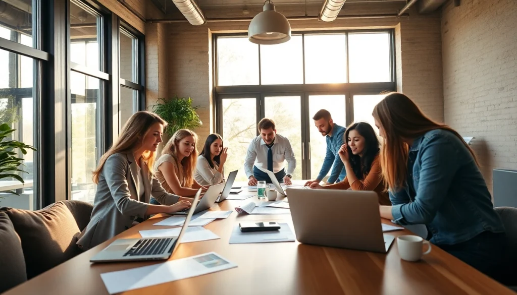 Engaged team discussing small business jobs in a bright, modern office atmosphere.