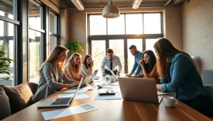 Engaged team discussing small business jobs in a bright, modern office atmosphere.