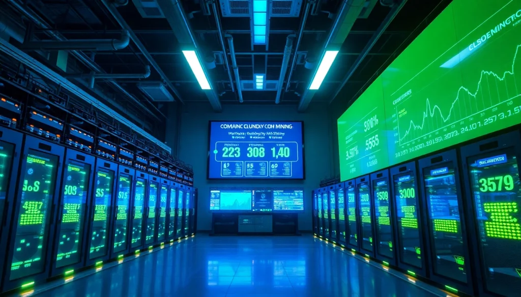 Bitcoin cloud mining facility with advanced technology showcasing cryptocurrency data.