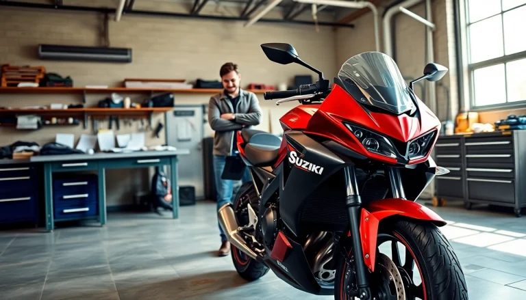 Wir kaufen dein motorrad erfahrungen bei der Inspektion eines Suzuki in einer gut beleuchteten Garage.