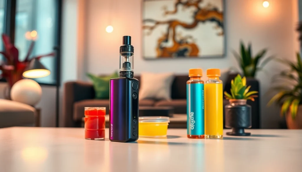 Vape ohne nikotin - Stylisches Vaping-Setup mit nikotinfreiem Vape und bunten Flüssigkeiten auf einem Tisch.