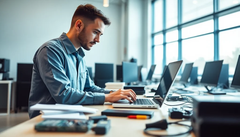 Providing expert computer services with a technician repairing a laptop in a modern workspace.