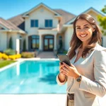 Real Estate agent showcasing a beautiful property in a vibrant outdoor setting.