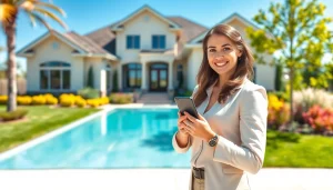 Real Estate agent showcasing a beautiful property in a vibrant outdoor setting.